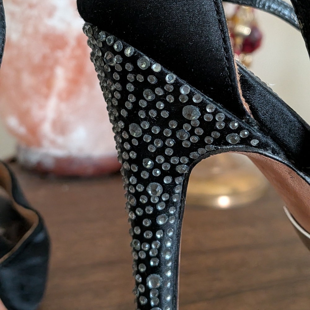 Badgley Mishka Black Satin Peep Toe Rhinestone Stiletto Heels - Picture 6 of 11